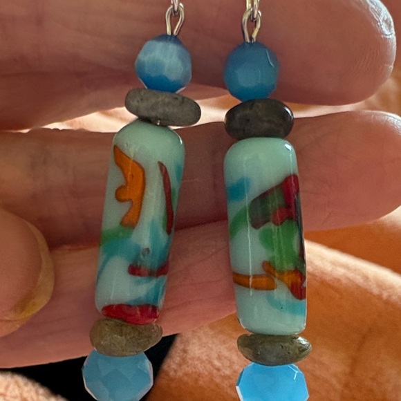 Hand Crafted Glass, Labradorite and Blue Tigers Eye Beaded Earrings - Picture 2 of 2